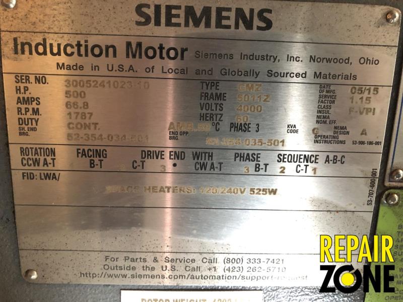 Siemens 500 HP 1800 RPM 5011Z FR